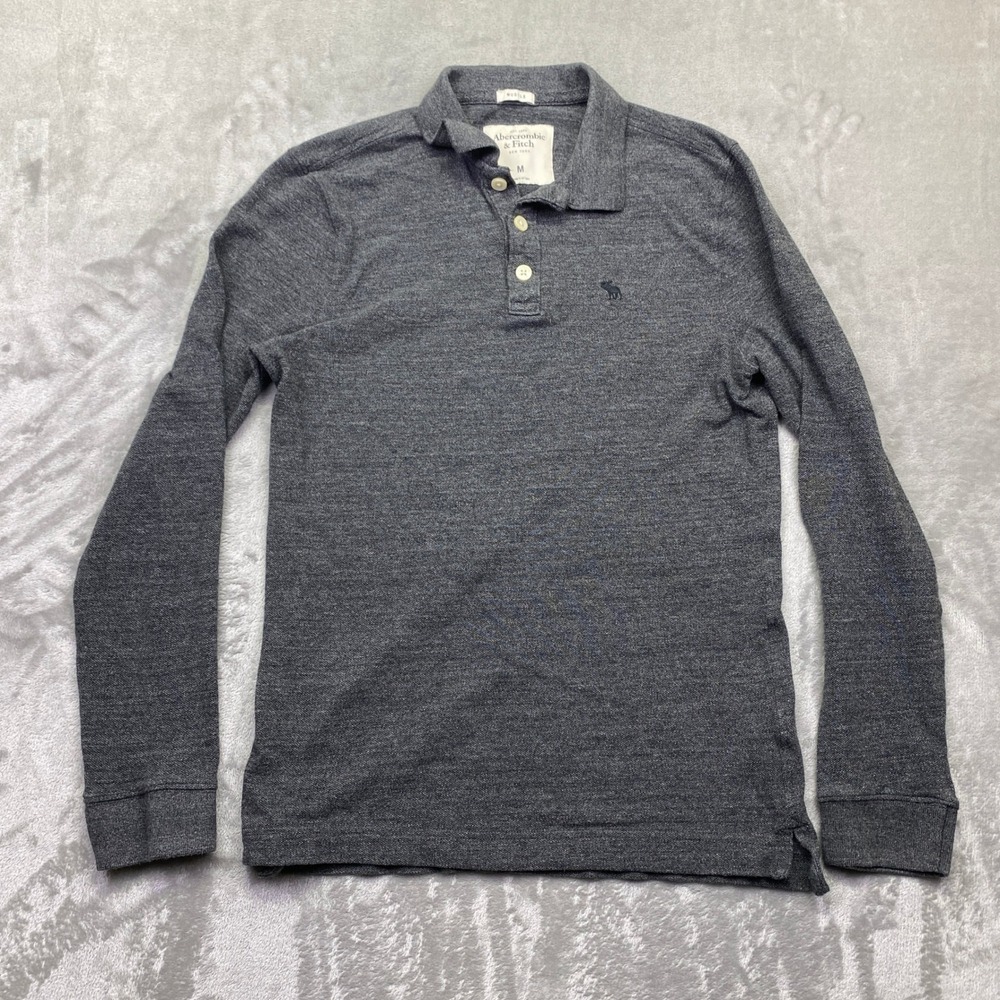 Abercrombie & Fitch Muscle Fit Long Sleeve Polo Shirt Gray Moose Logo M